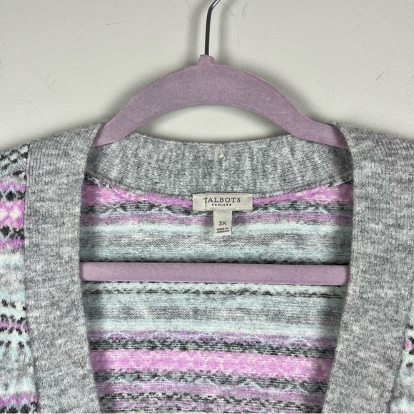 Talbots Fair Isle Button Front Cardigan Womens 3X Gray Purple V-Neck Sweater - Picture 2 of 11